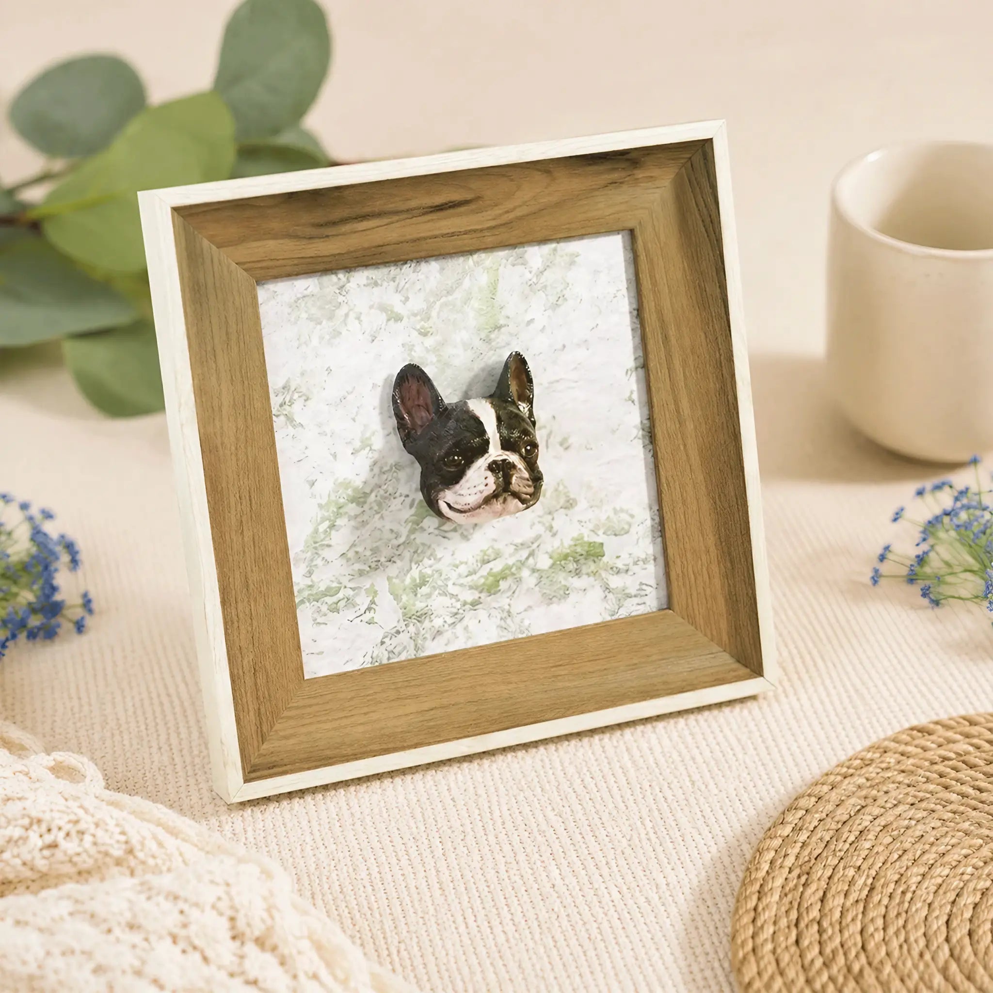 Hand-painted 3D dog portrait frame standing on a table beside a ceramic mug and greenery