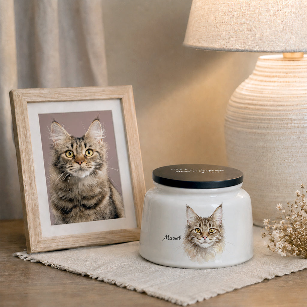 Custom cat cremation urn displayed on a shelf in a home setting as a cat memorial keepsake gift