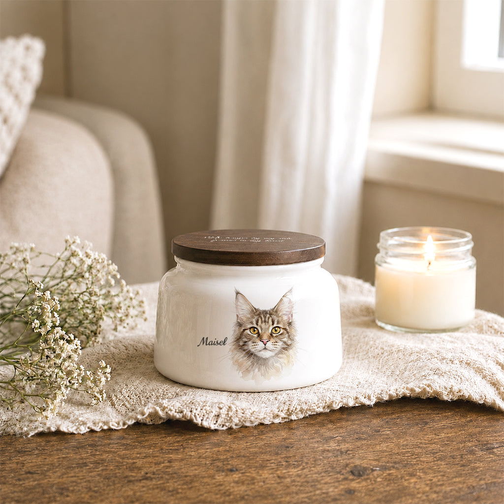Side view of personalized cat memorial urn showing watercolor portrait placement and natural wood lid on white ceramic