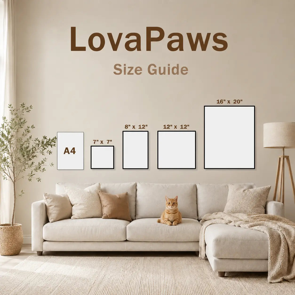 LovaPaws size guide comparing 7x7, 8x12, 12x12 and 16x20 cat portrait frames on a living room wall