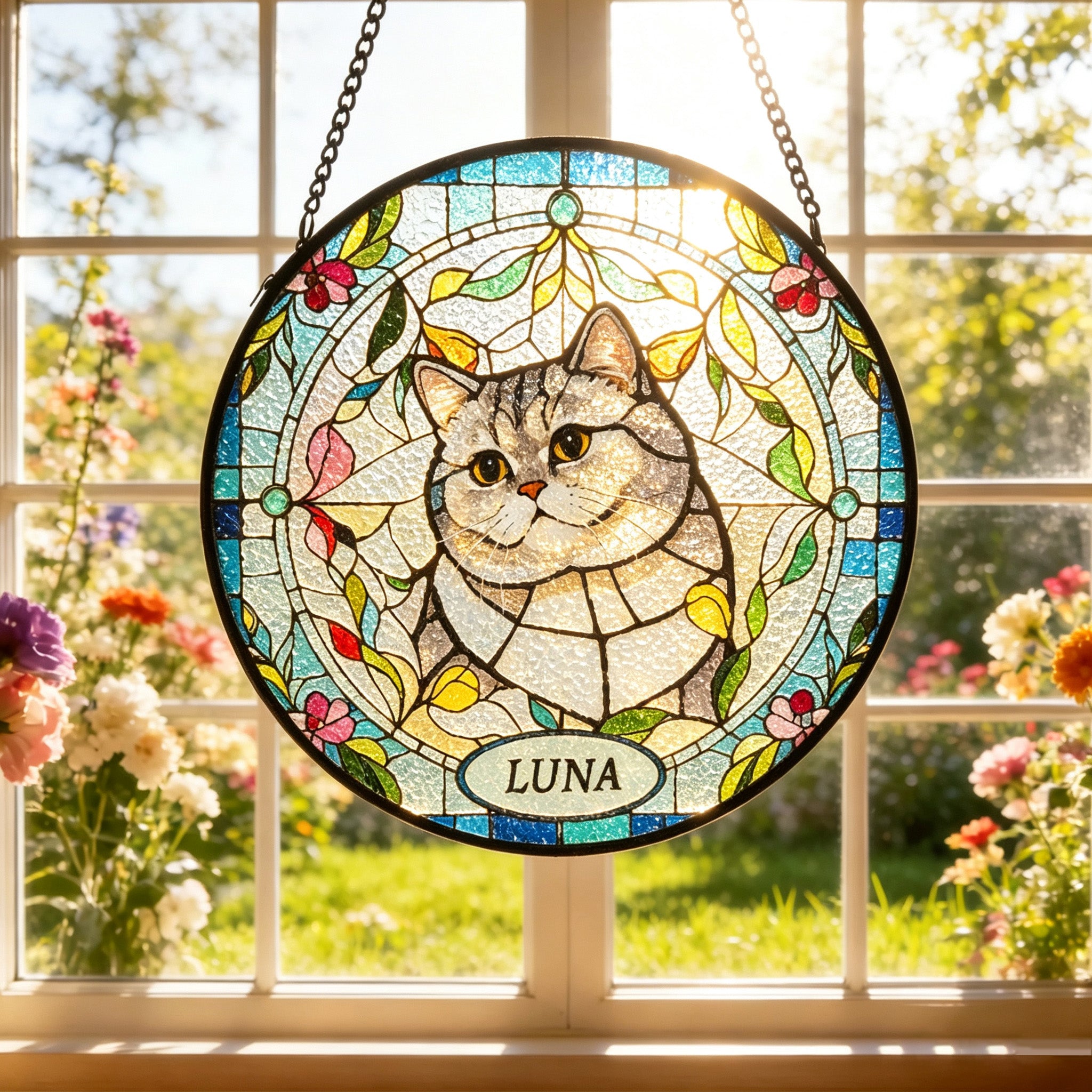 Custom cat portrait stained glass suncatcher with name Luna hanging in a sunny window with floral border