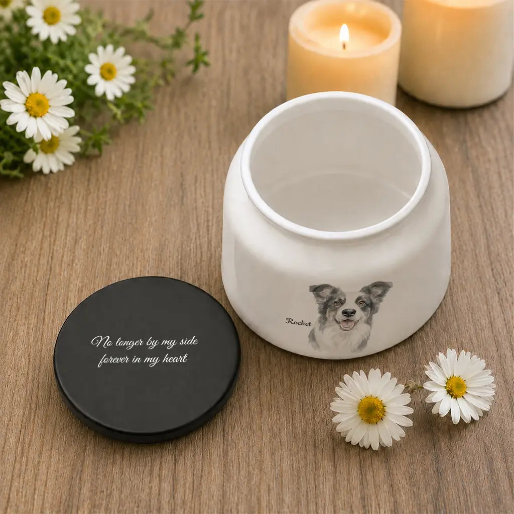Personalized watercolor dog cremation urn shown in small keepsake and large full-size options
