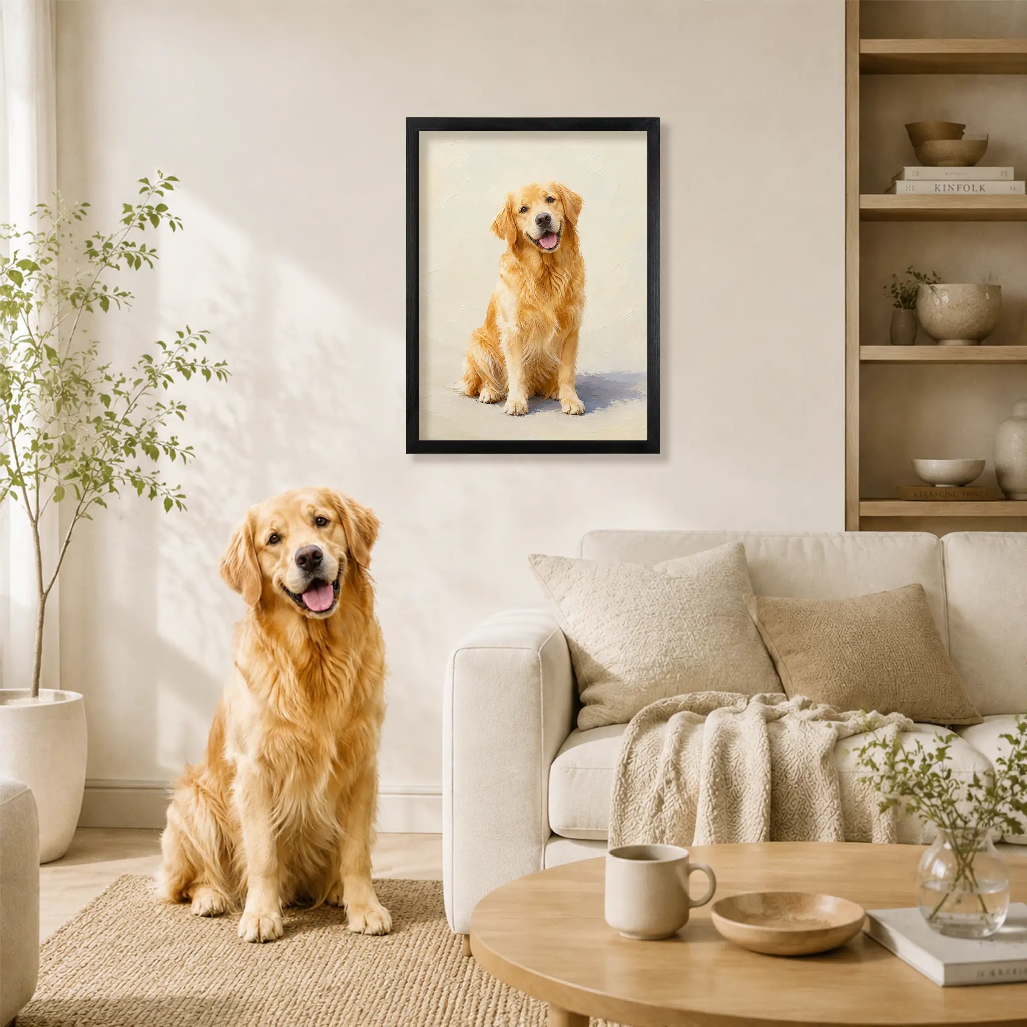 Golden retriever sitting beside their custom oil-style portrait on wood, showing the likeness from the original photo