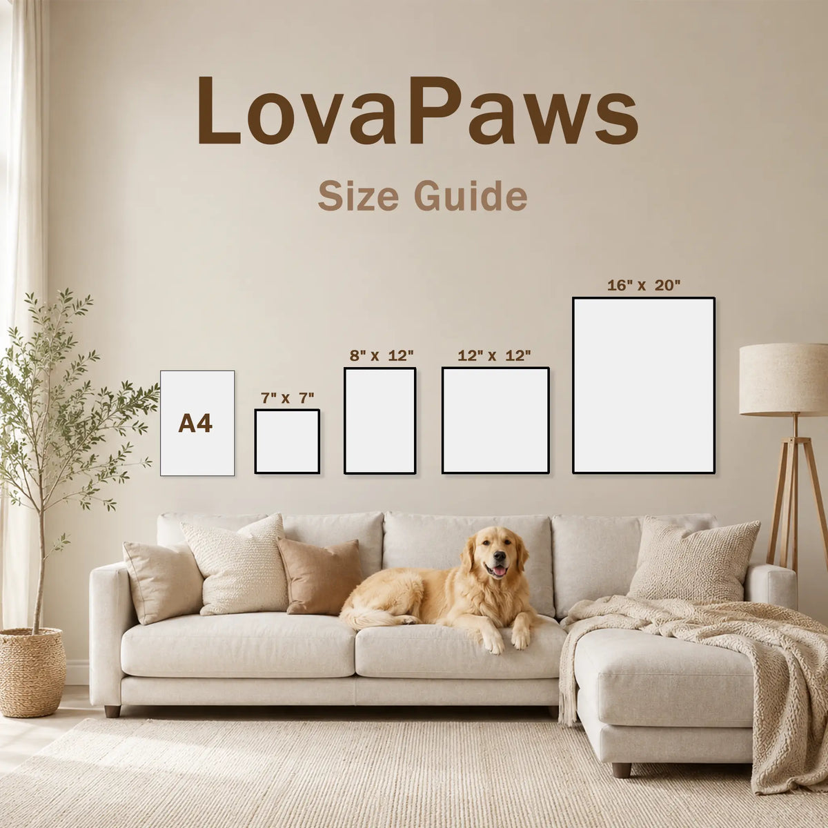 LovaPaws size guide comparing 7x7, 8x12, 12x12 and 16x20 dog portrait frames on a living room wall