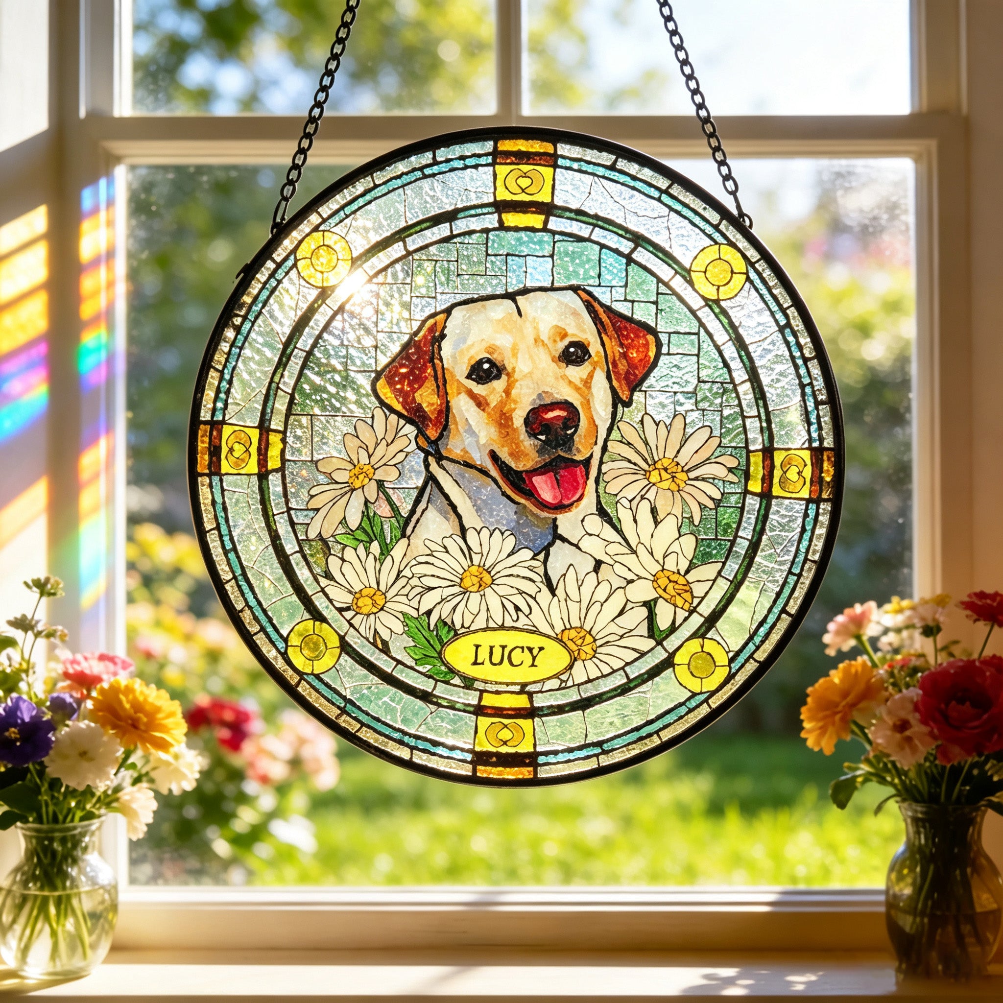 Personalized dog stained glass suncatcher with name Lucy and daisy design catching sunlight in a window