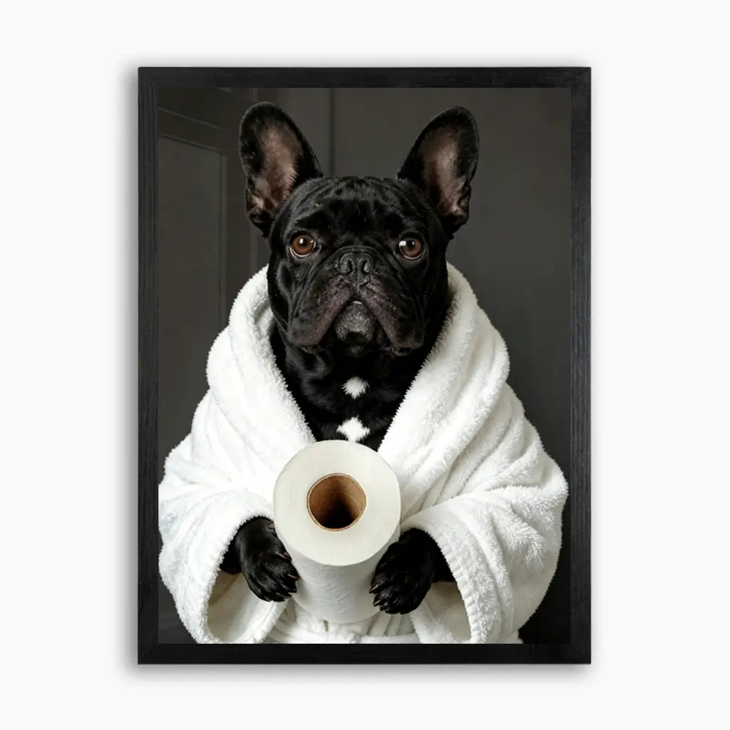 Custom funny bathroom pet portrait on wood — a French bulldog in a white bathrobe, a humorous wooden wall art for the bathroom.