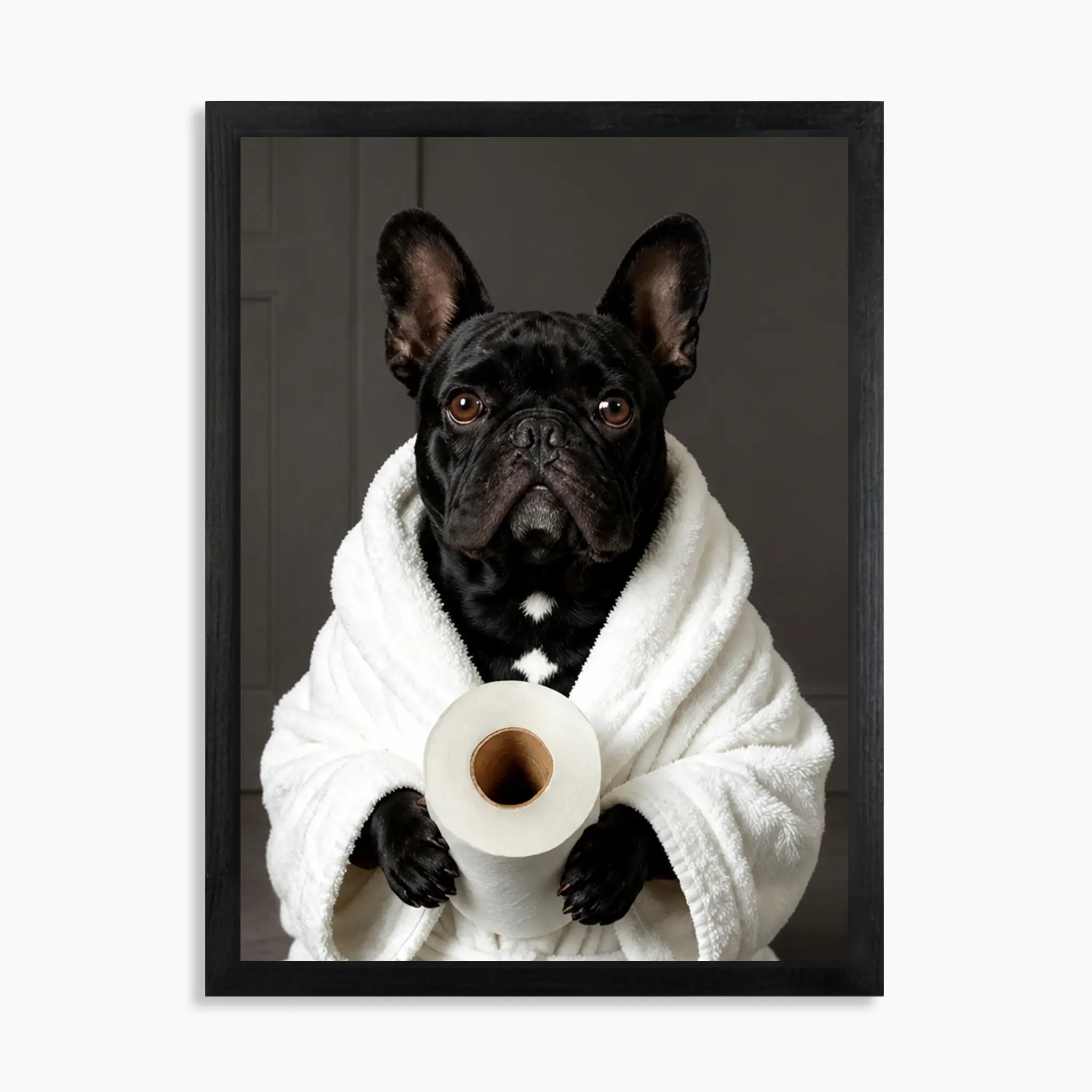 Custom funny bathroom pet portrait on wood: French Bulldog in a white robe holding toilet paper, 16x20 in black wood frame