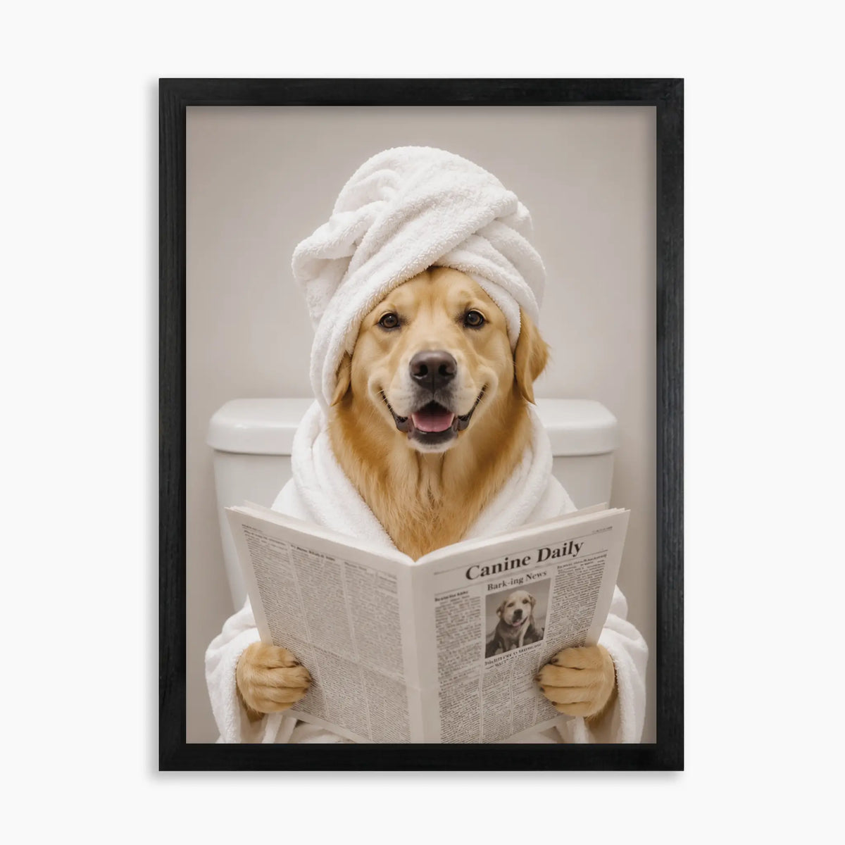Custom funny bathroom pet portrait on wood: Golden Retriever in a towel turban reading a newspaper, 16x20 in black wood frame