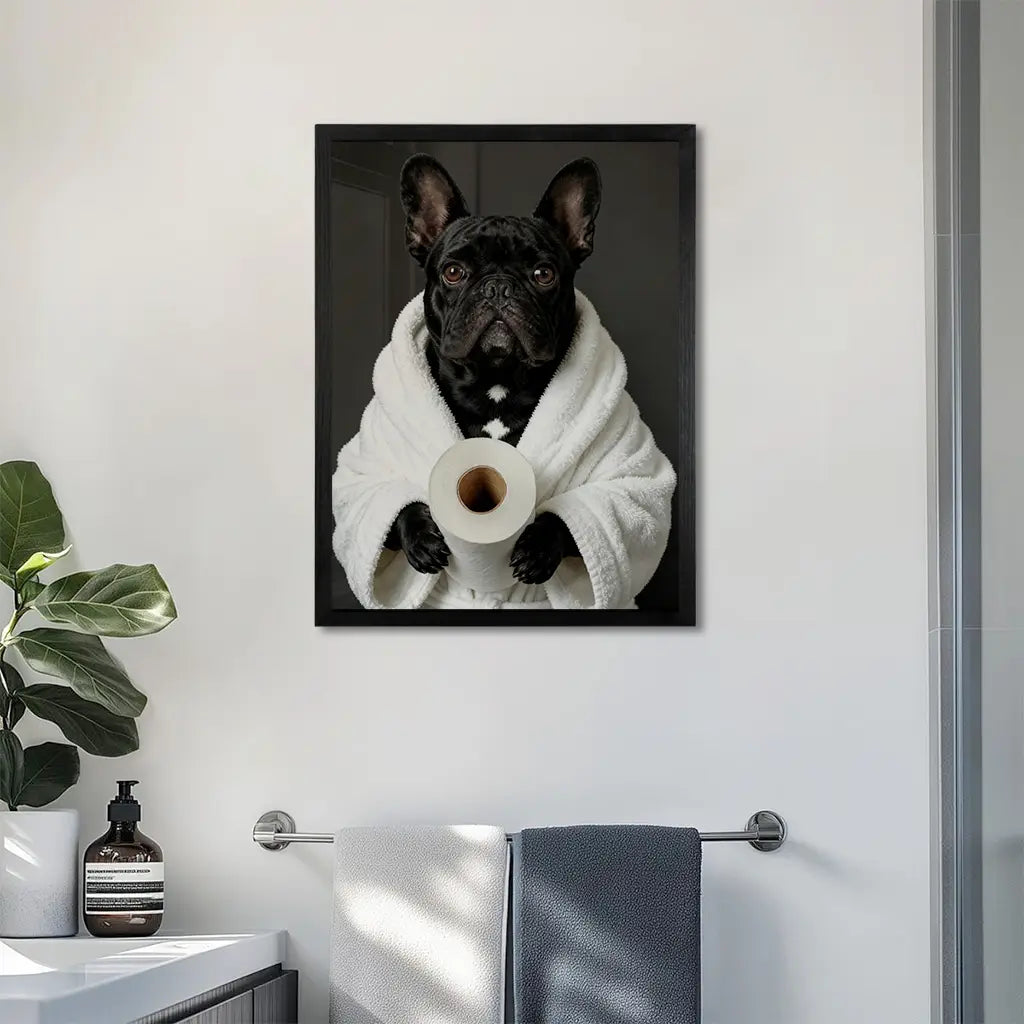 Close-up of a custom funny bathroom dog portrait on wood showing print detail and wood panel.