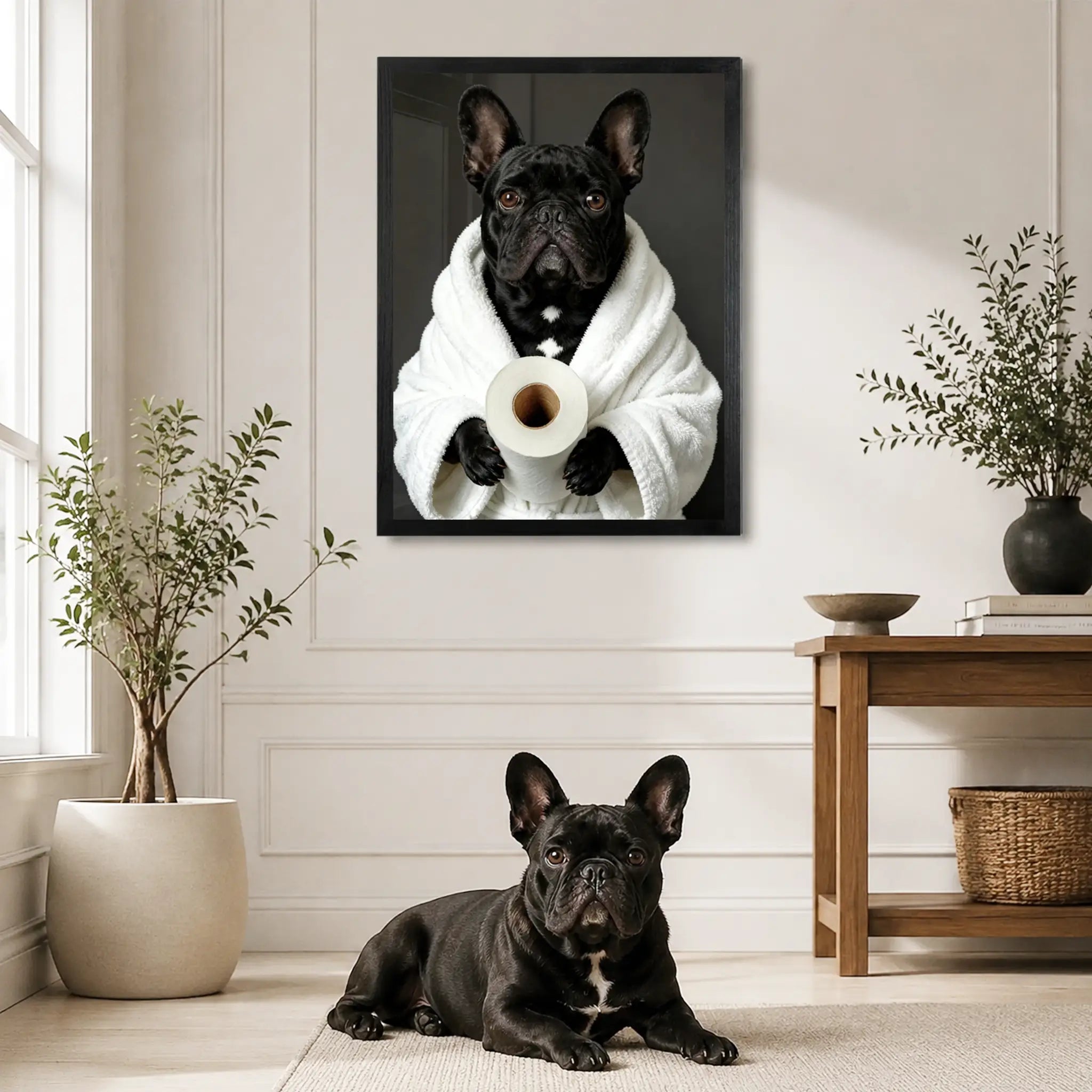 Personalized funny bathroom dog portrait on wood displayed as humorous framed wall art, made from your pet photo.