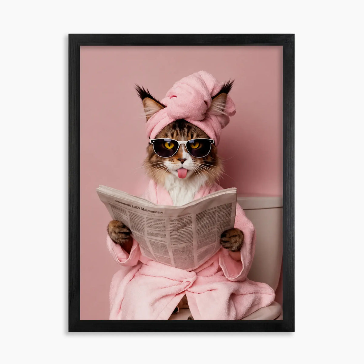 Custom funny pink bathroom pet portrait on wood: cat in a pink robe and shades reading the paper, 16x20 in black wood frame