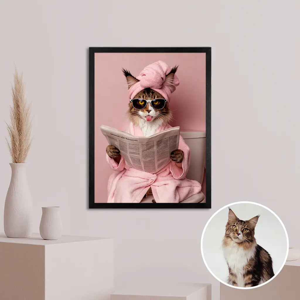 Custom funny pink bathroom cat portrait on wood, a humorous wall art gift idea for cat lovers.
