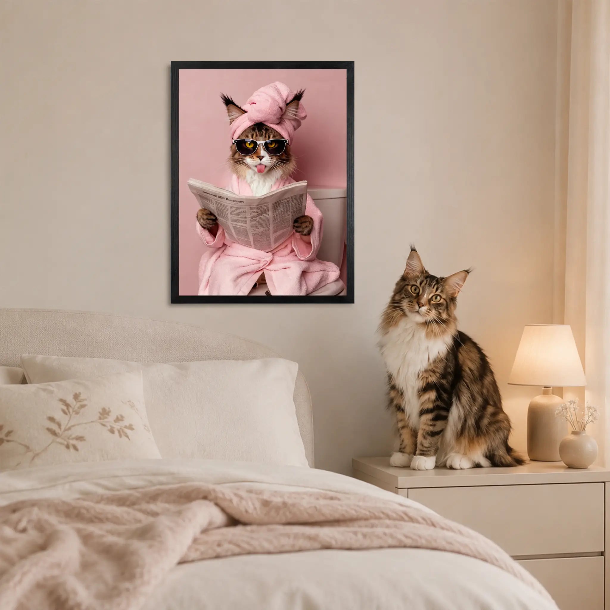 Personalized pink bathroom cat portrait on wood displayed as humorous framed wall art, made from your pet photo.