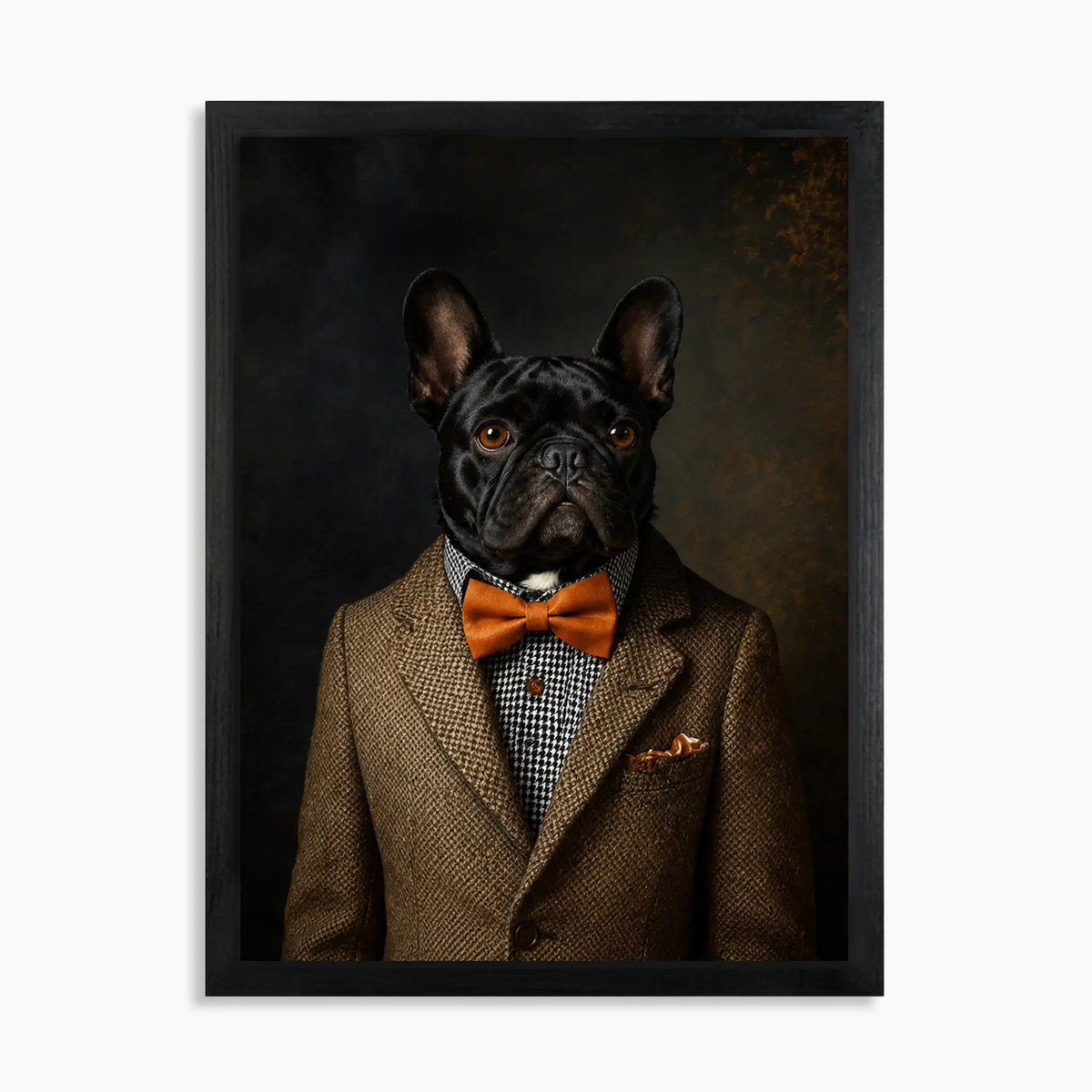 Custom gentleman pet portrait on wood: French Bulldog in a tweed suit and orange bow tie, 16x20 in black wood frame