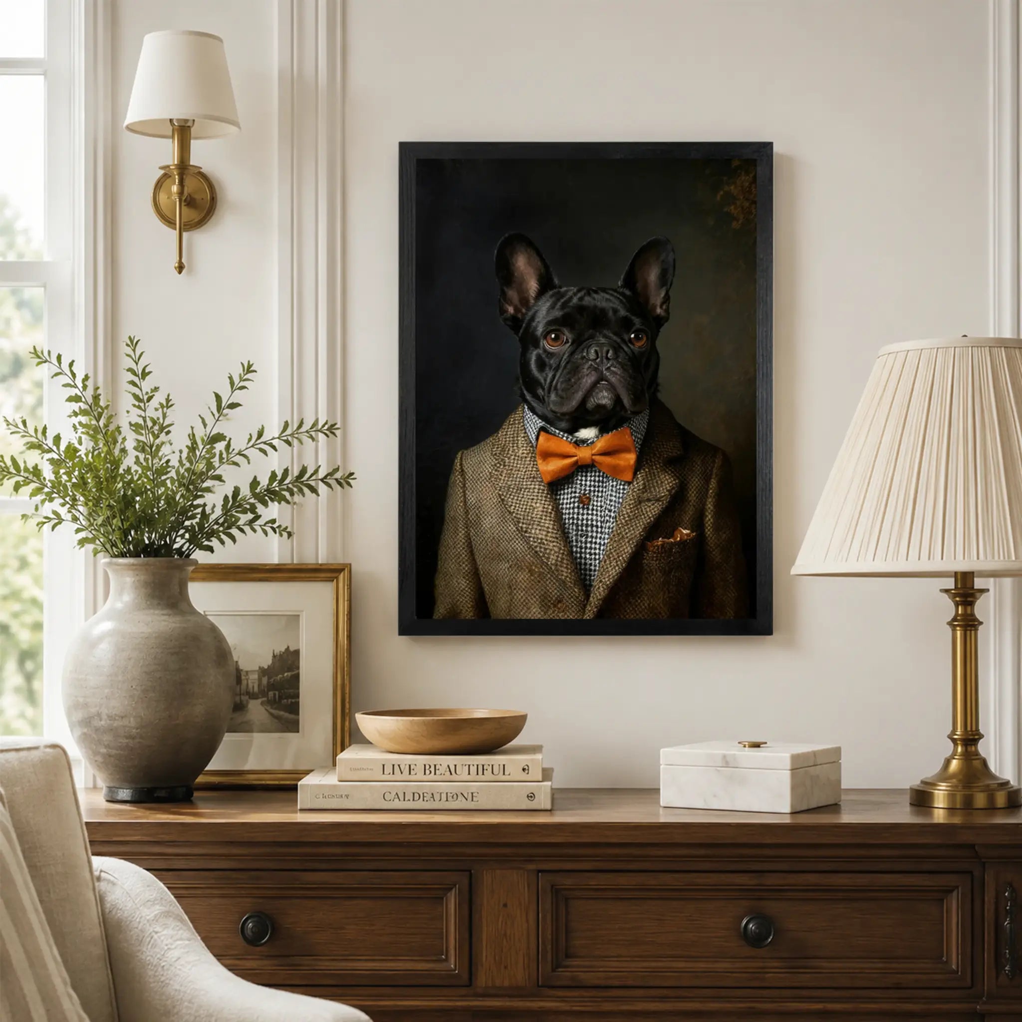 Close-up of a custom gentleman dog portrait on wood showing print detail and wood panel texture.