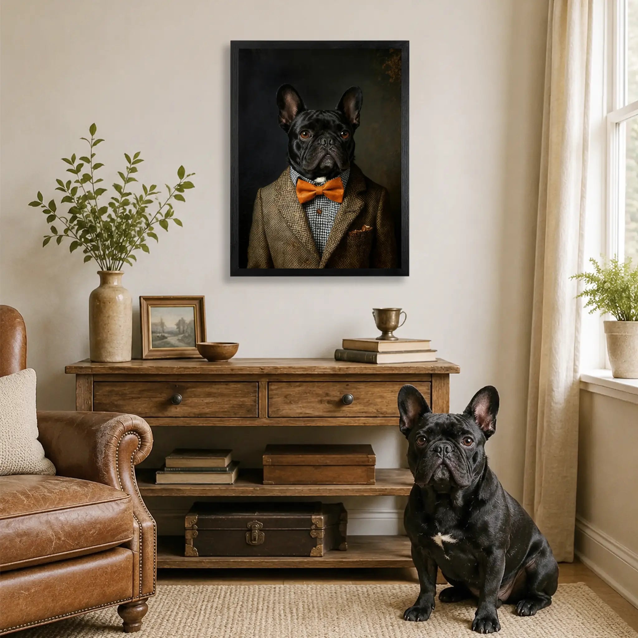 Personalized gentleman dog portrait on wood displayed as framed wall art, made from your pet photo.