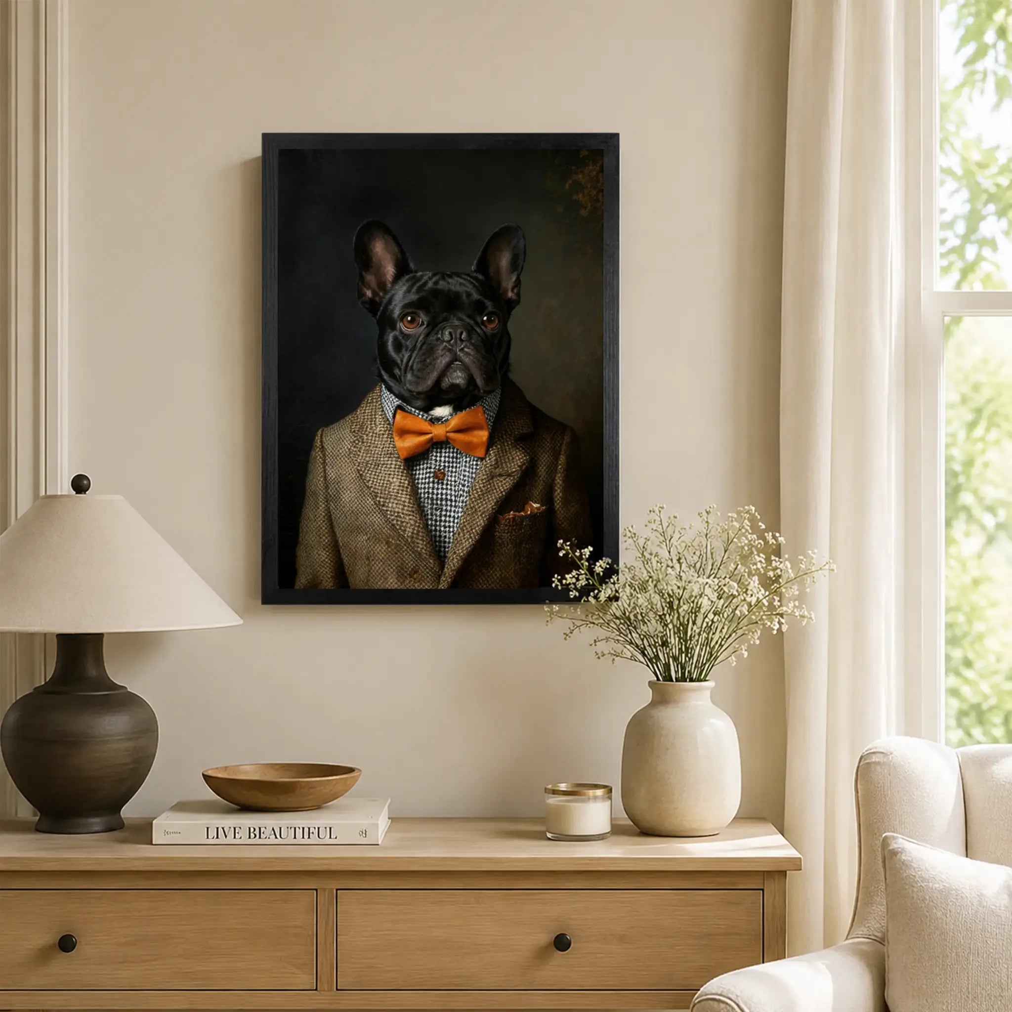 Custom gentleman dog portrait on wood, a vintage wall art gift idea for dog lovers.