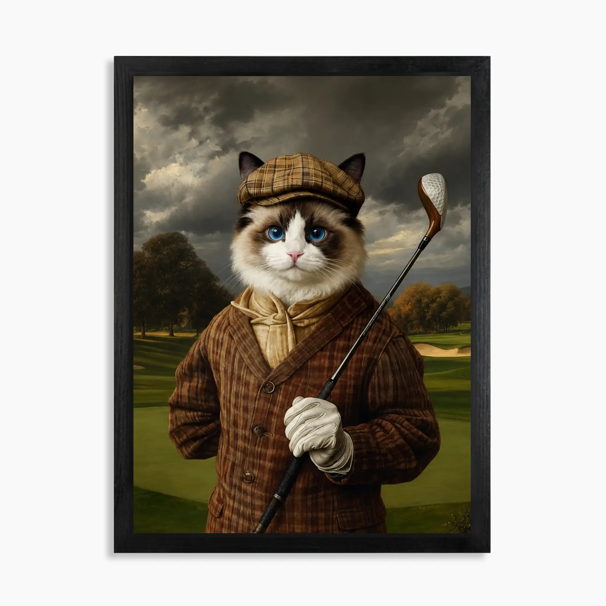 Custom golf pet portrait on wood: cat in a tweed flat cap holding a golf club on the fairway, 16x20 in black wood frame
