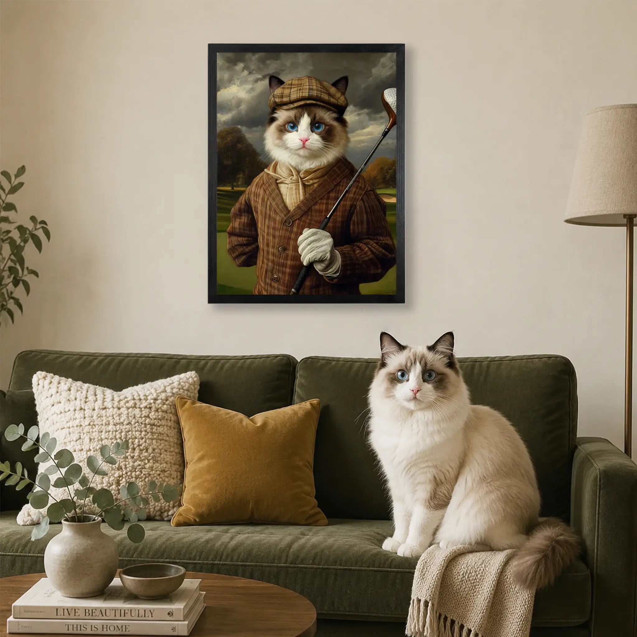 Personalized golfer cat portrait on wood shown as sports-themed framed wall art, made from your pet photo.