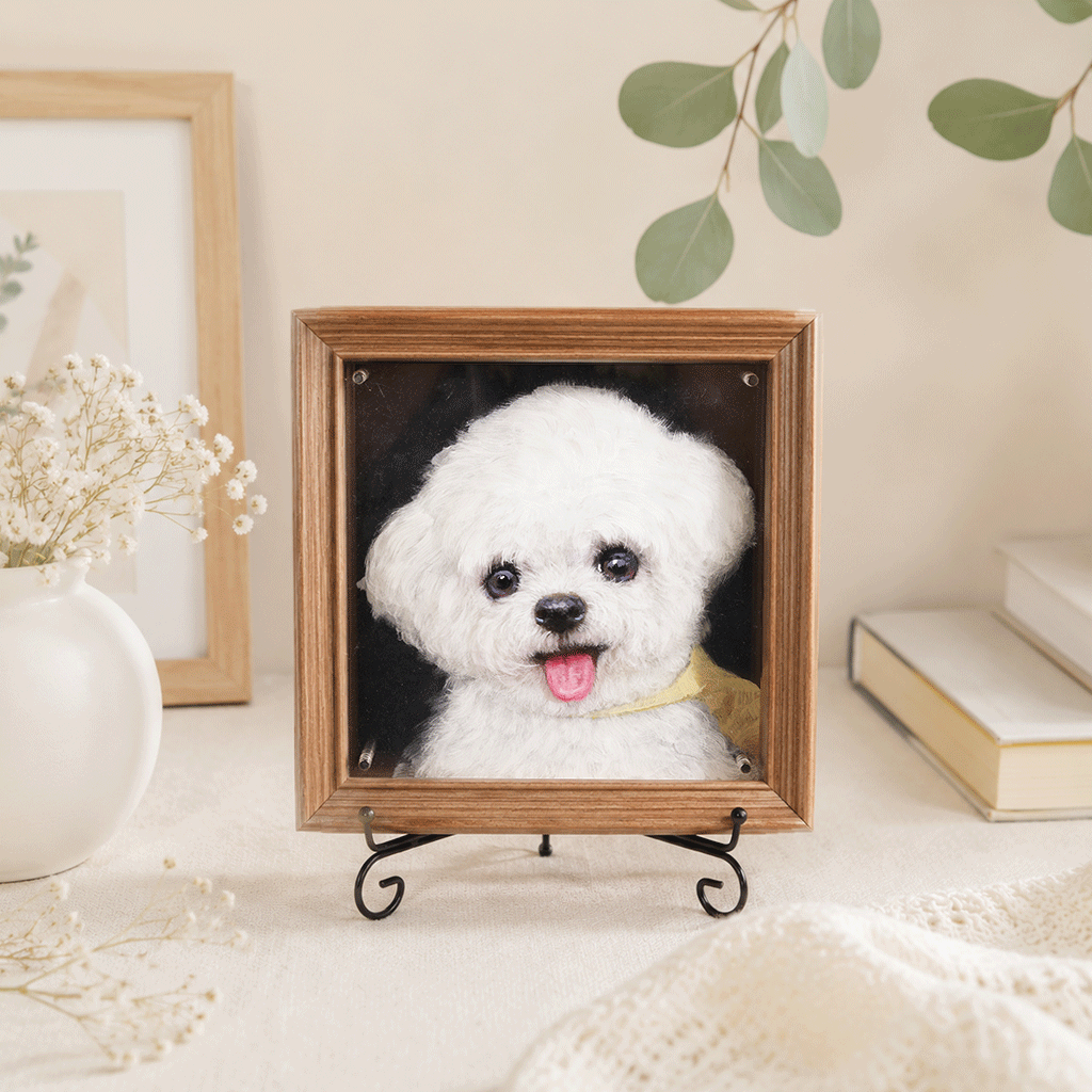 Custom 8x8 acrylic pet portrait in natural wood frame standing on a small easel on a shelf
