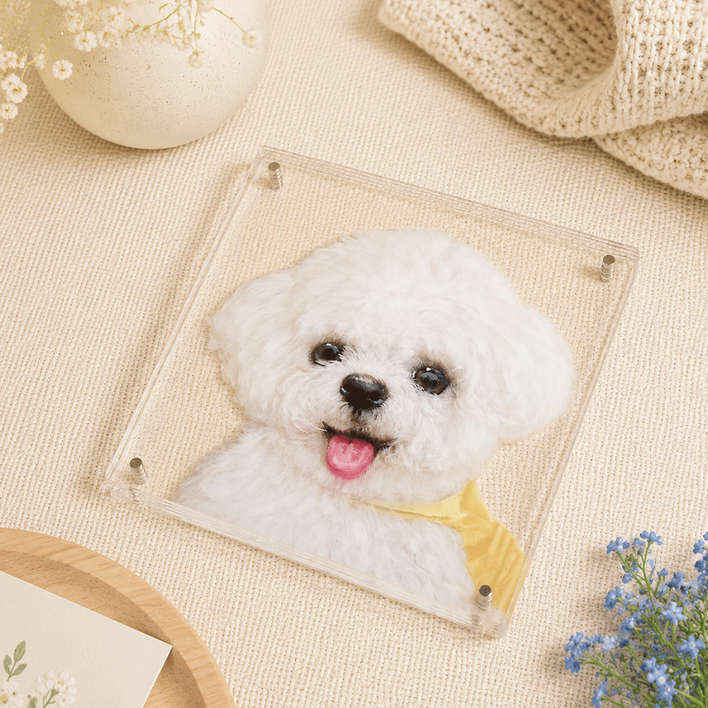 Custom hand-painted pet portrait 8x8 — multi-layer acrylic panel of a fluffy white dog with yellow bandana, flat lay on beige fabric