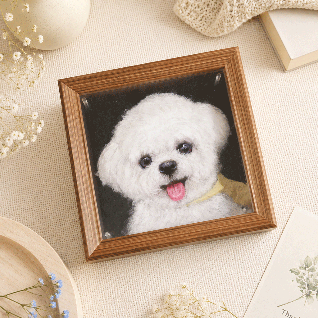 Angled view of 8x8 hand-painted pet portrait showing the natural wood frame and layered acrylic depth