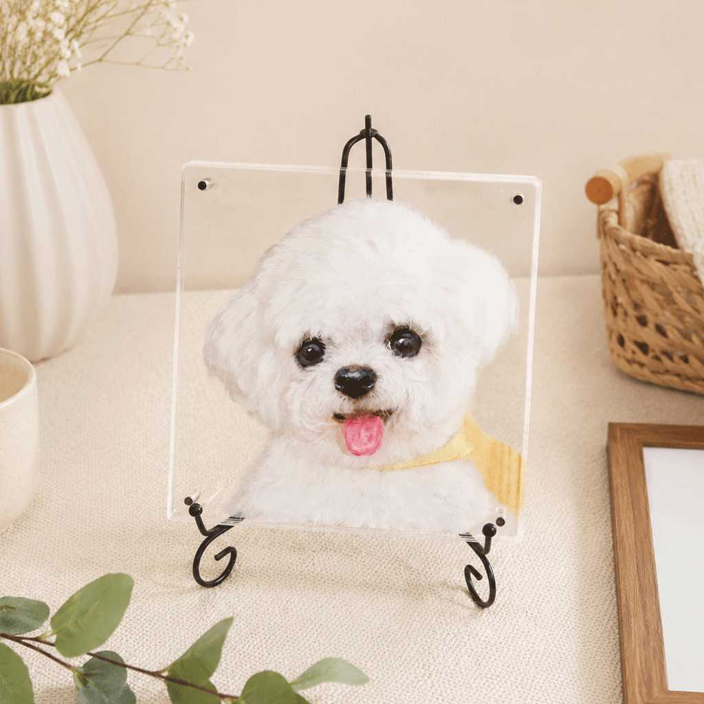 8x8 hand-painted acrylic pet portrait of a white dog displayed hanging on the wall as home decor