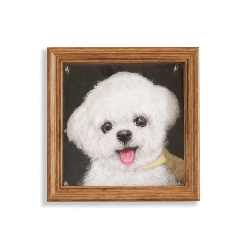 Custom hand-painted pet portrait 8x8 — white Bichon Frise with yellow bandana on multi-layer acrylic in a natural wood frame