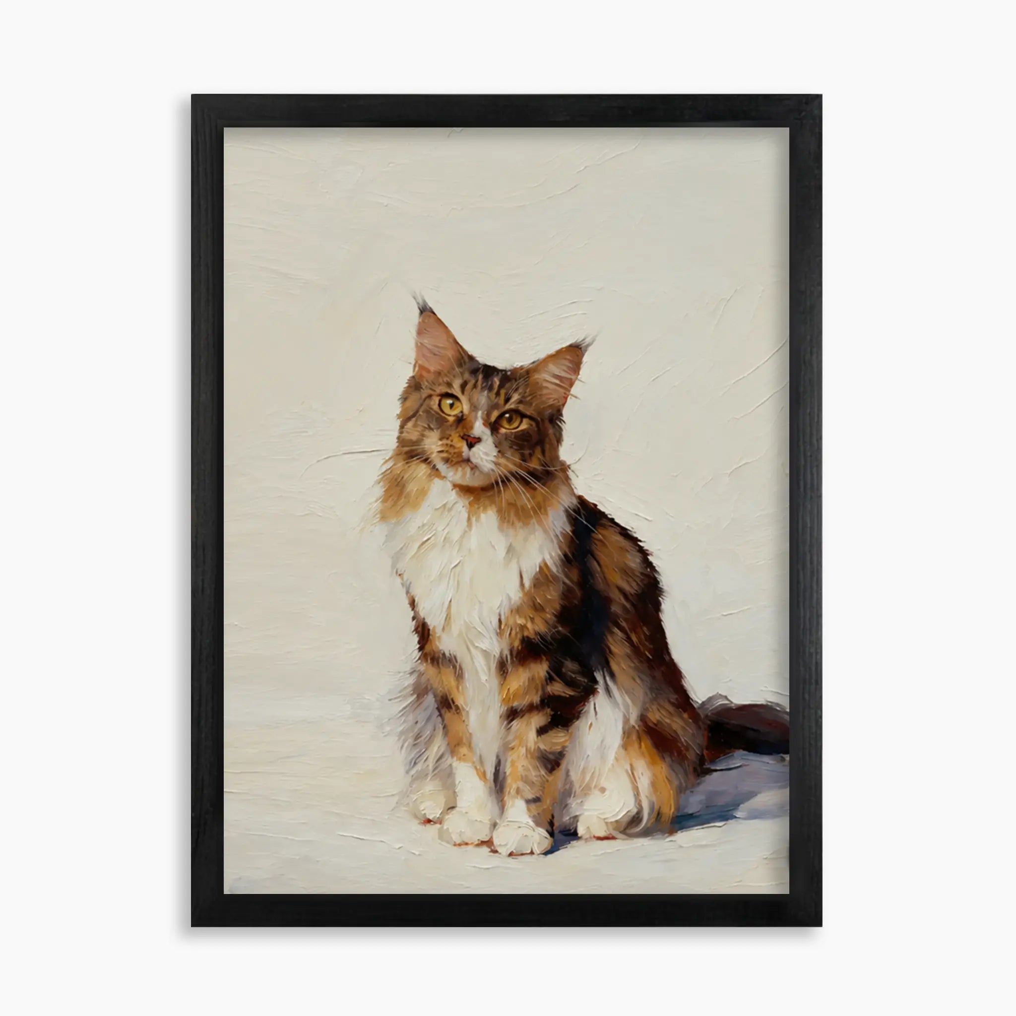 Custom oil-painting pet portrait on wood: long-haired tabby cat in classic oil style, 16x20 in black wood frame