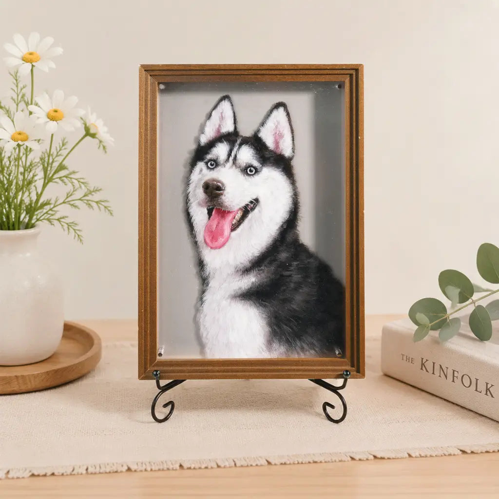 Hand-painted husky pet portrait in wood frame on black easel stand, styled with daisies and books on a table