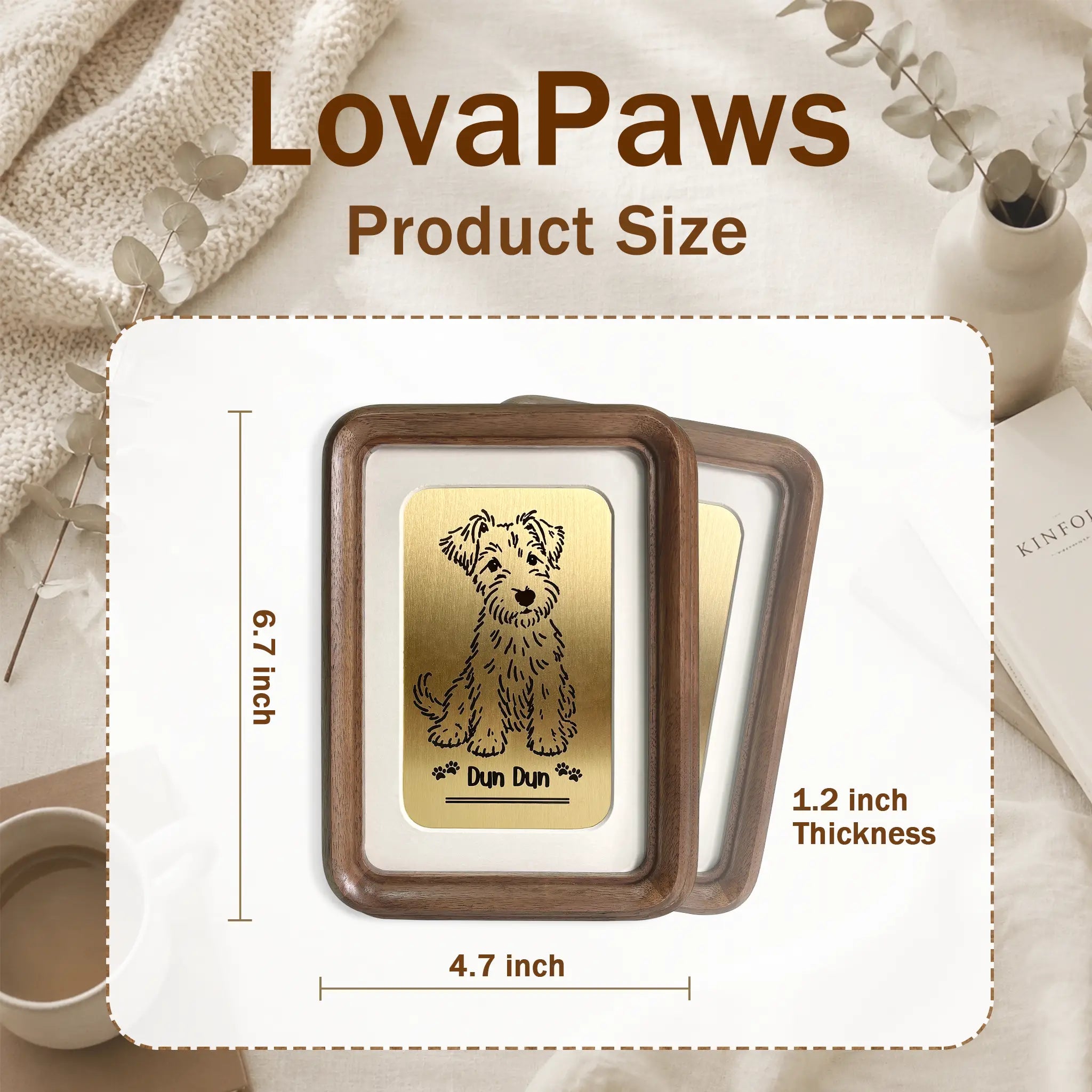Size guide for the custom pet portrait brass and walnut frame with measurements