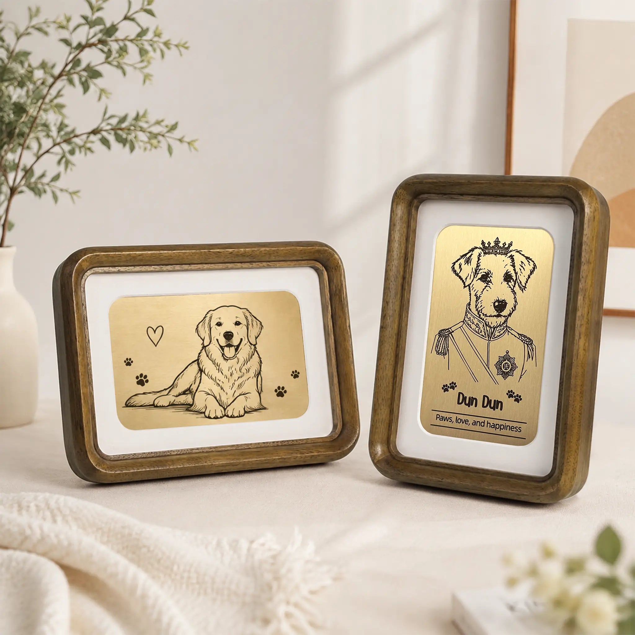Custom pet portrait laser engraved on brass, shown in landscape and portrait walnut wood frames