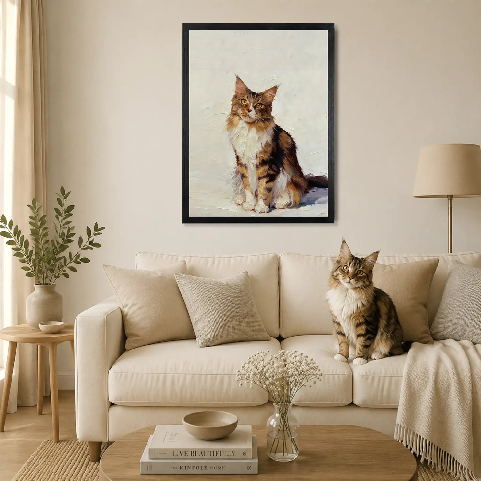 Personalized oil-style cat portrait on wood displayed as framed wall art, created from your pet photo.