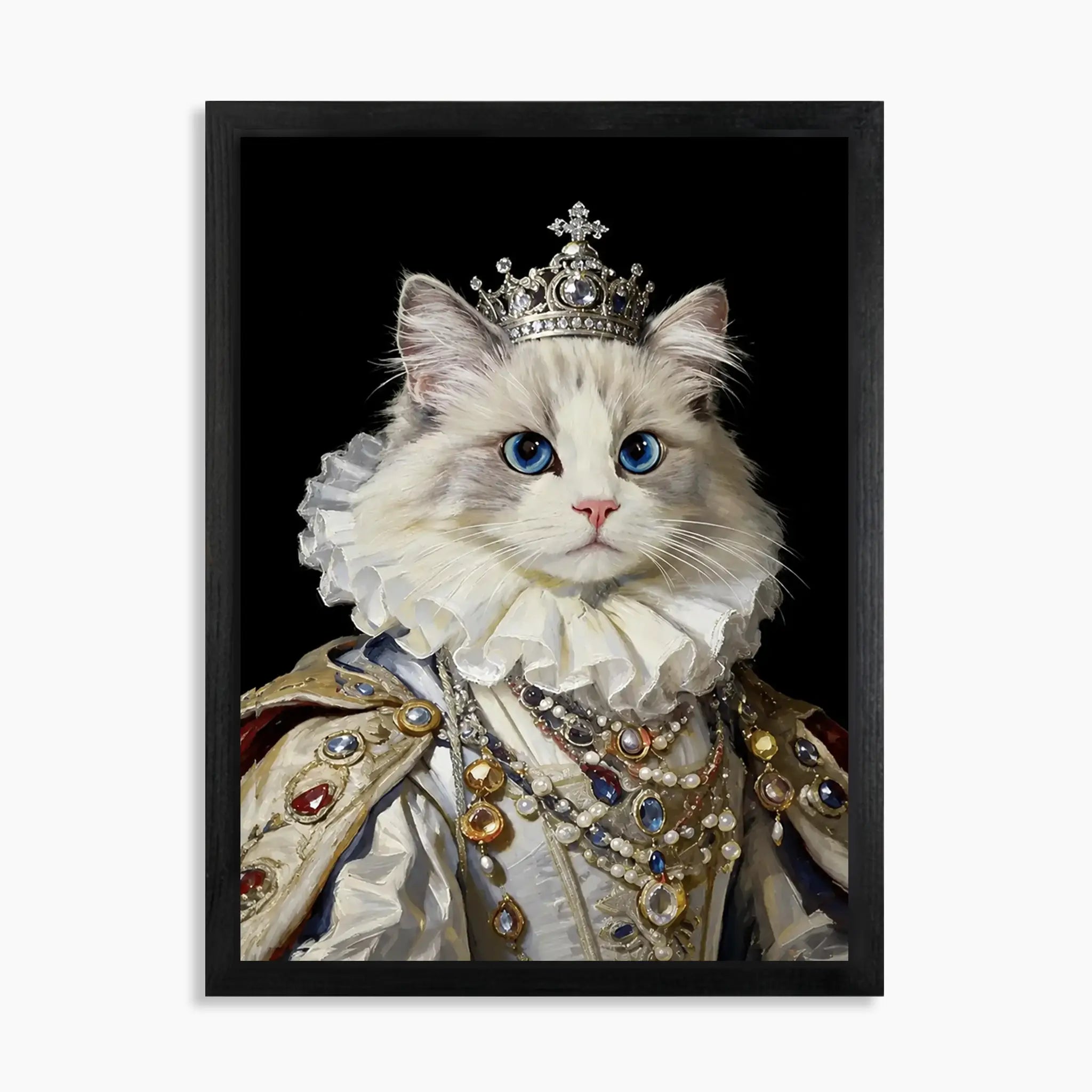 Custom queen pet portrait on wood: white cat in a jeweled crown, lace ruff and royal robes, 16x20 in black wood frame
