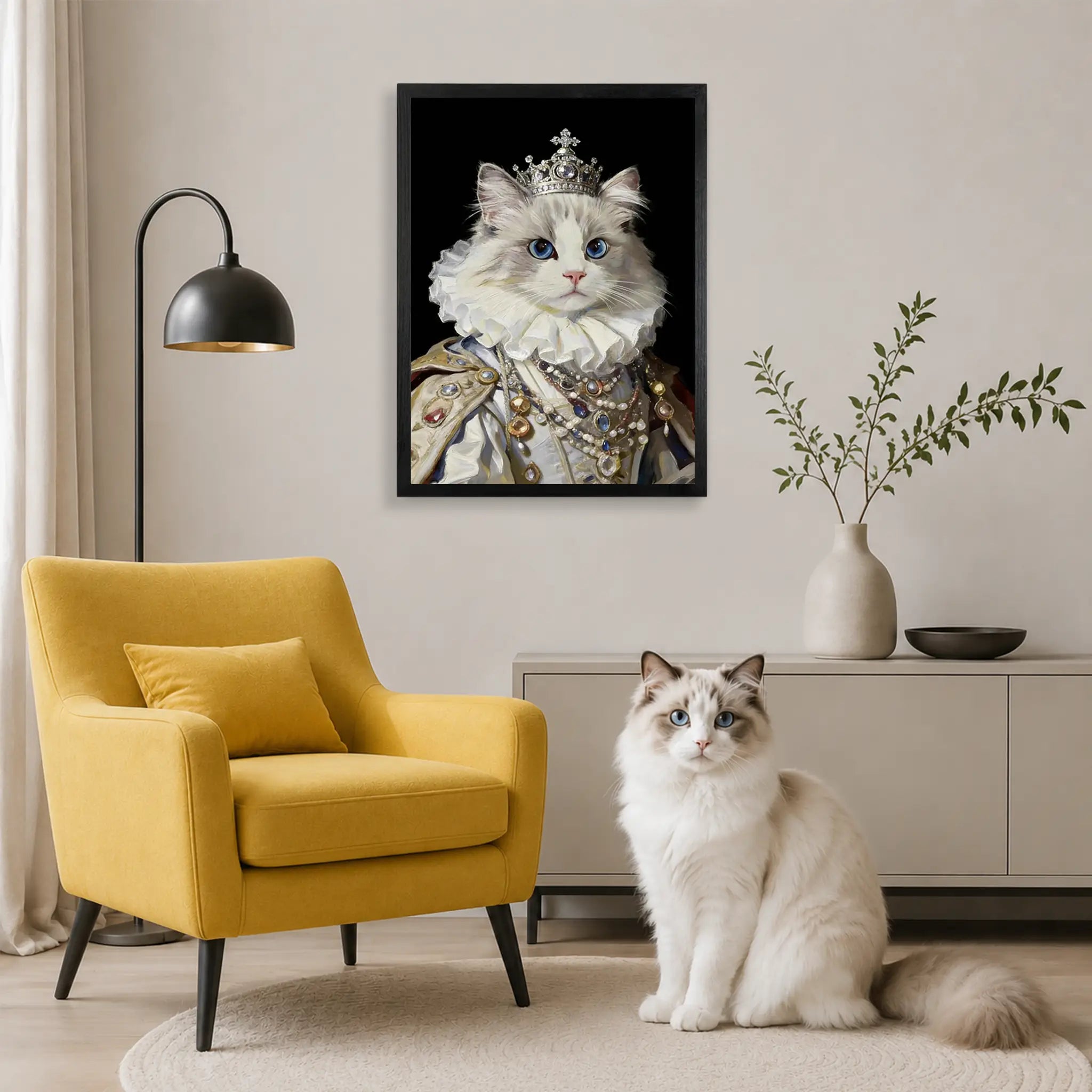 Personalized queen cat portrait on wood with royal crown, displayed as framed wall art from your pet photo.