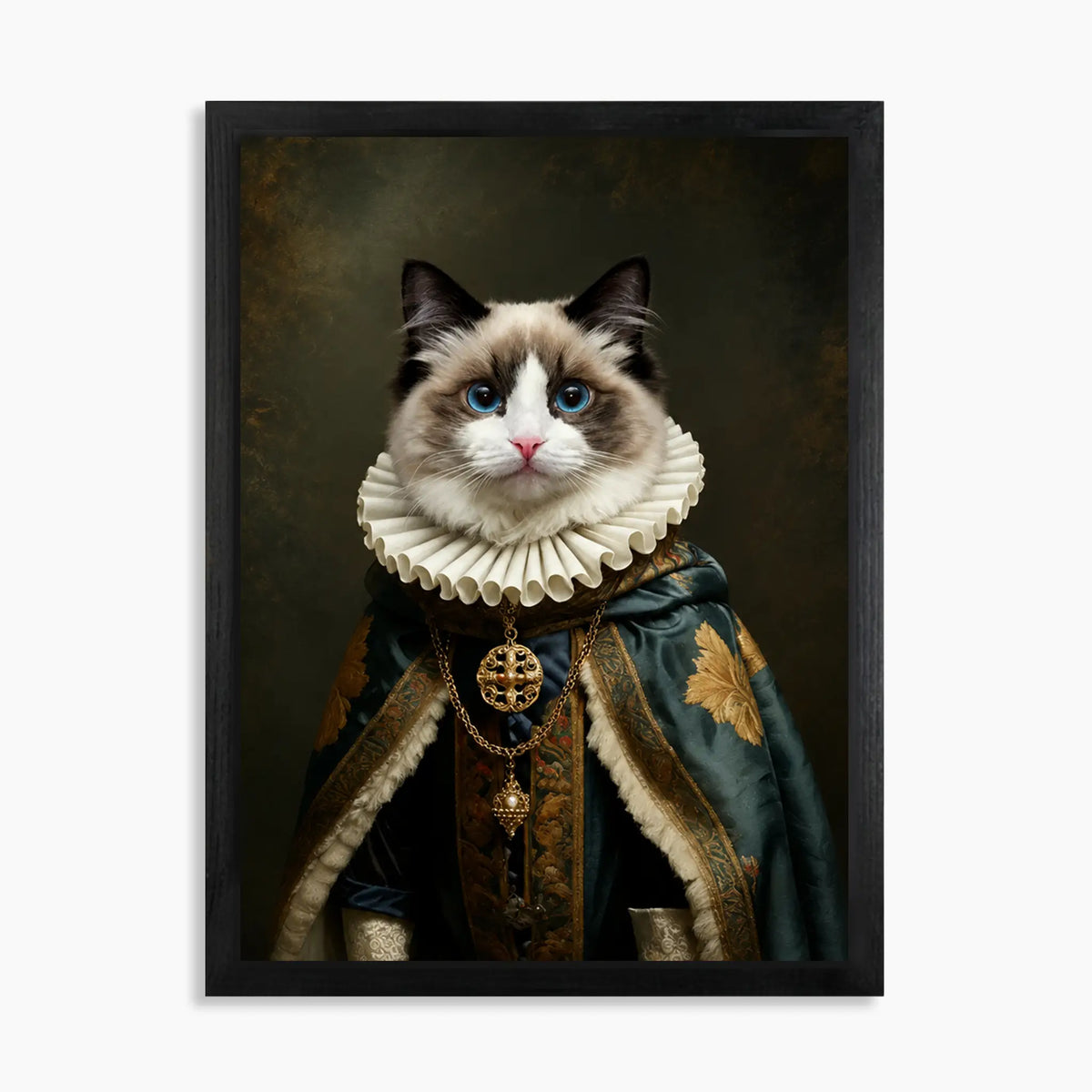 Custom royal pet portrait on wood: Ragdoll cat in a ruff collar and green royal robe, 16x20 in black wood frame