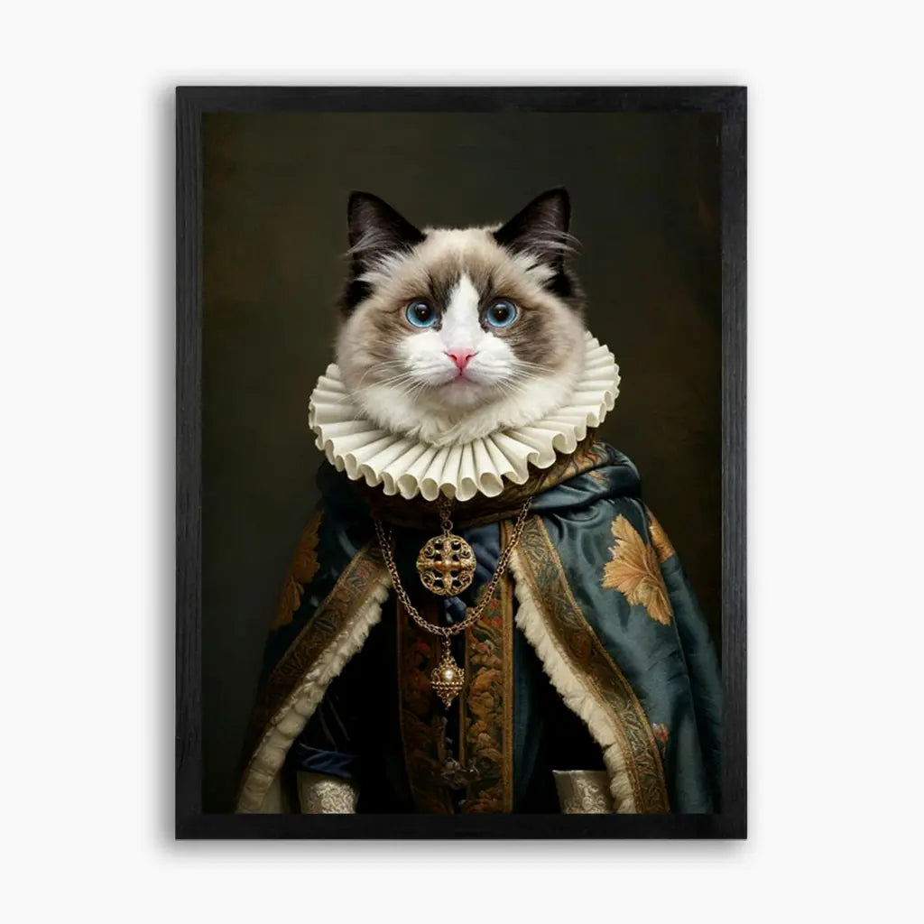 Custom royal pet portrait on wood — a fluffy cat in regal renaissance attire with a lace ruff collar, printed on a framed wooden panel.