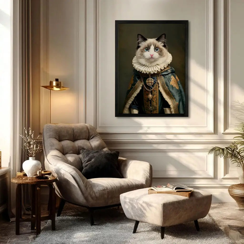 Close-up of a custom royal cat portrait on wood showing rich detail and wooden panel texture.
