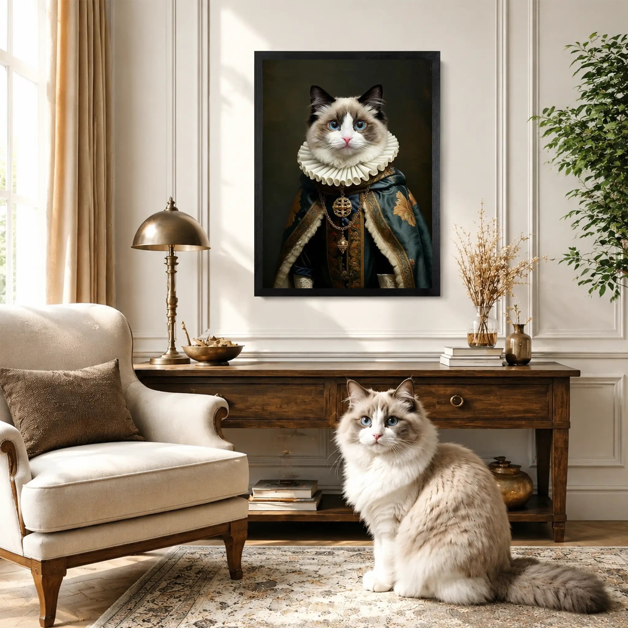 Personalized regal cat portrait on wood shown as elegant framed wall art, made from your pet photo.
