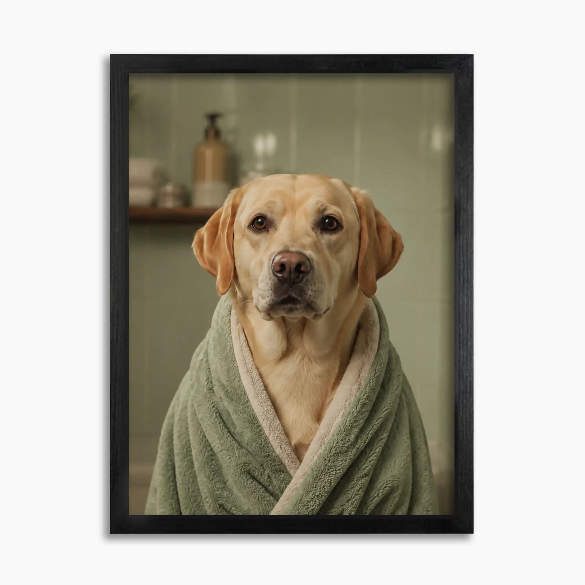 Custom spa pet portrait on wood: Labrador in a sage green bathrobe in a spa bathroom, 16x20 in black wood frame