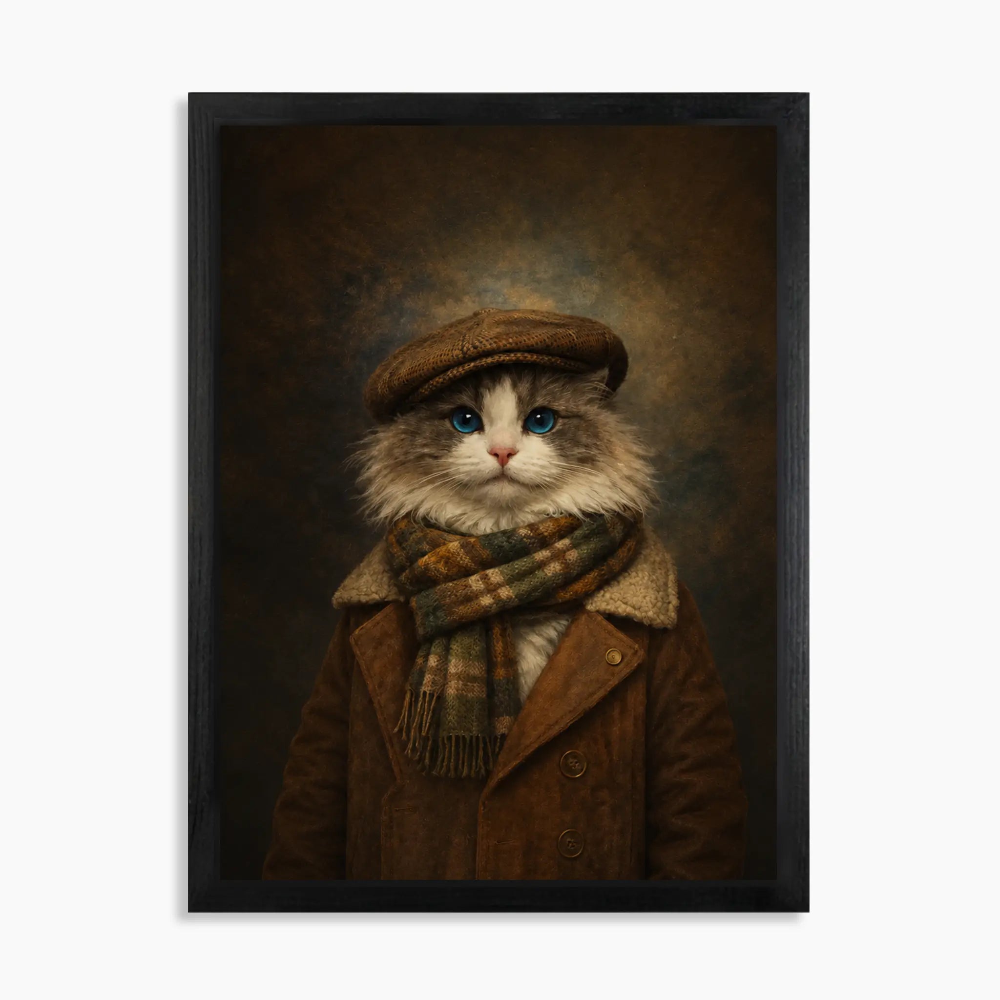 Custom vintage pet portrait on wood: cat in a tweed flat cap, plaid scarf and brown jacket, 16x20 in black wood frame