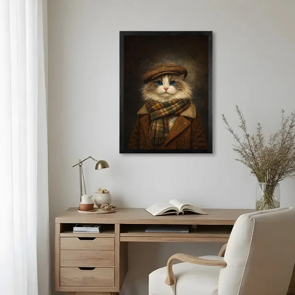Close-up of a custom vintage cat portrait on wood showing print detail and wood grain.