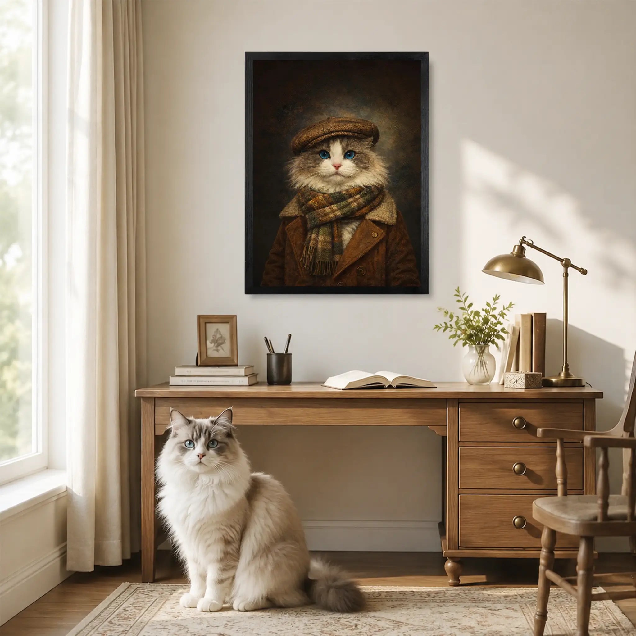 Personalized retro cat portrait on wood shown as cozy vintage framed wall art, made from your pet photo.