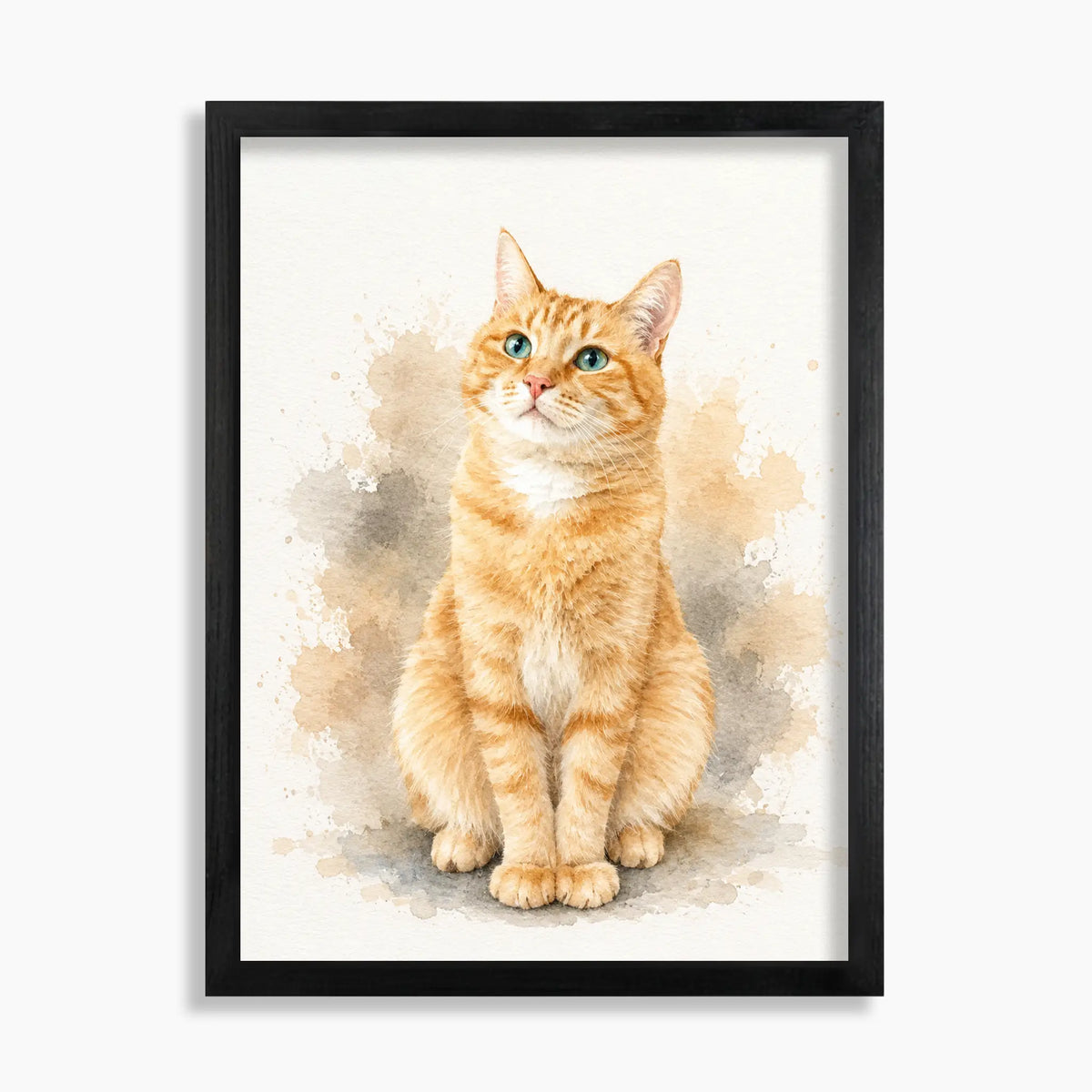 Custom watercolor cat portrait on wood: orange tabby in soft watercolor, 16x20 in a black wood frame