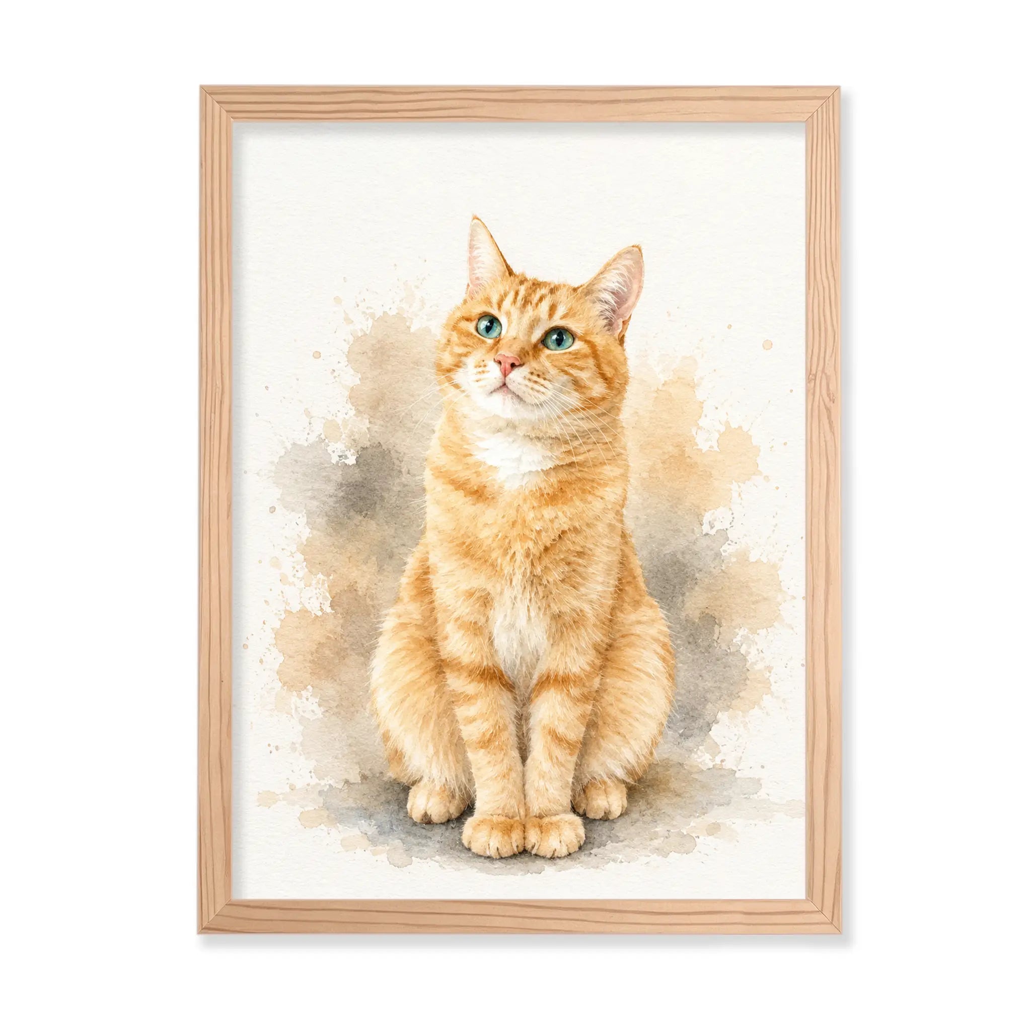 Custom watercolor cat portrait on wood: orange tabby in soft watercolor, 16x20 in a natural wood frame