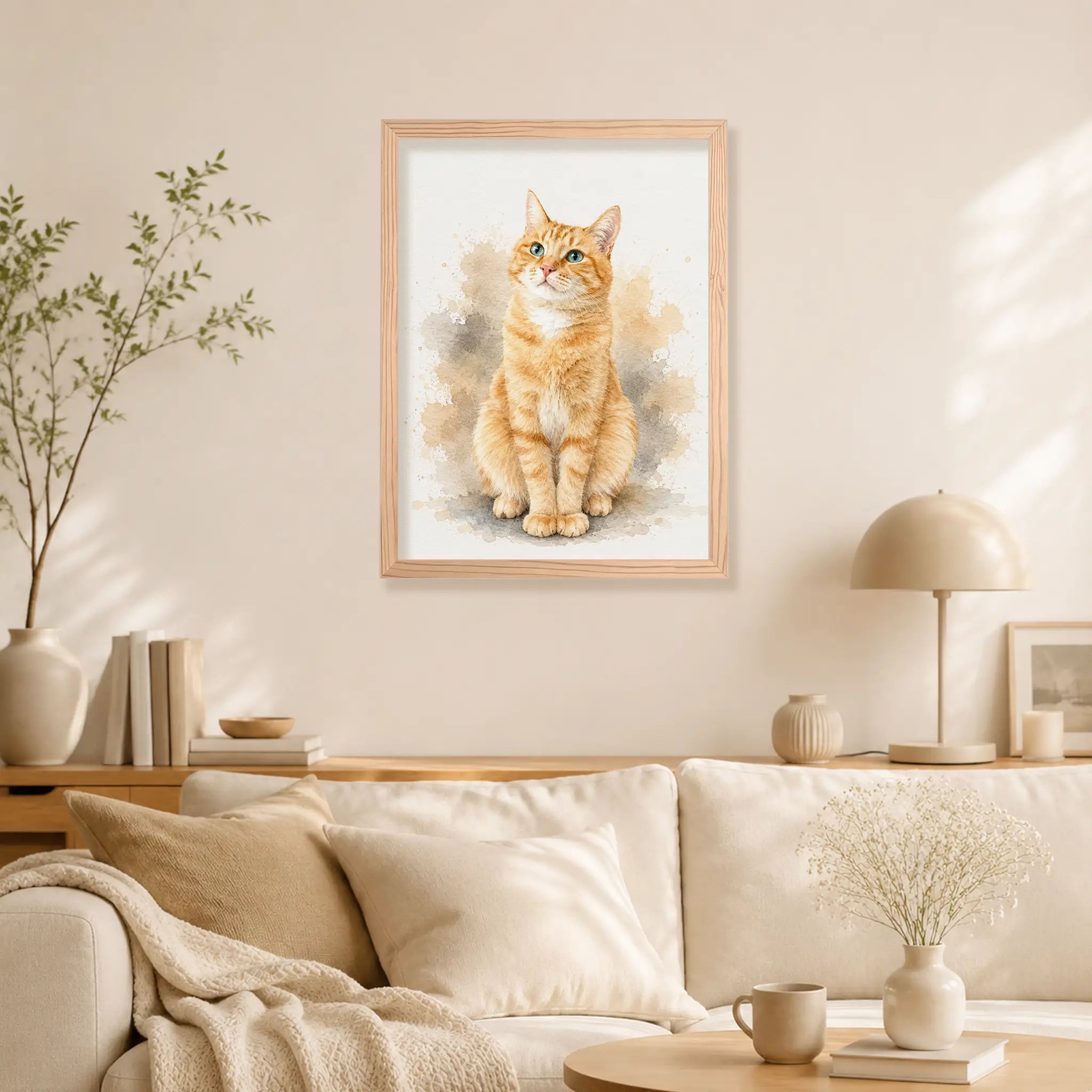 Custom watercolor cat portrait on wood hung above a sofa as framed living room wall art