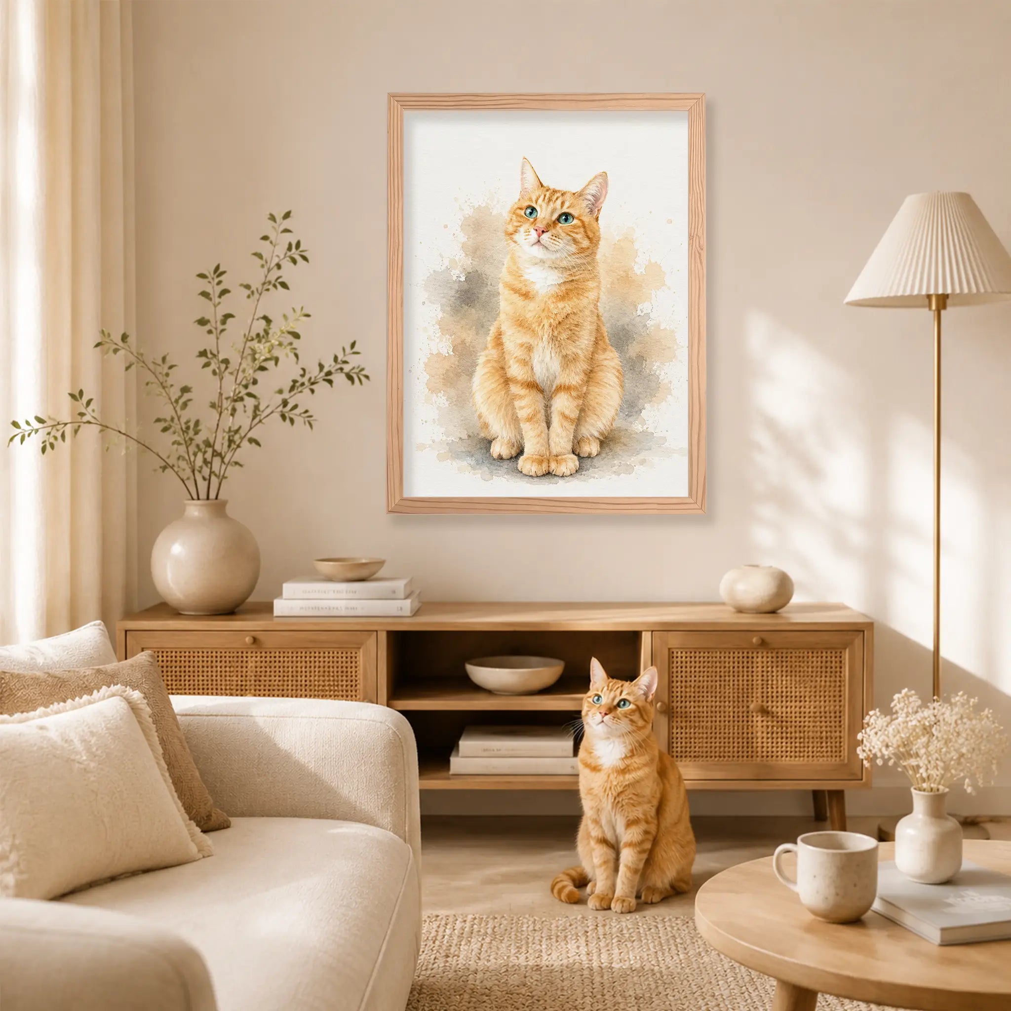 Orange tabby cat sitting below their custom watercolor portrait on wood, showing the likeness from the original photo