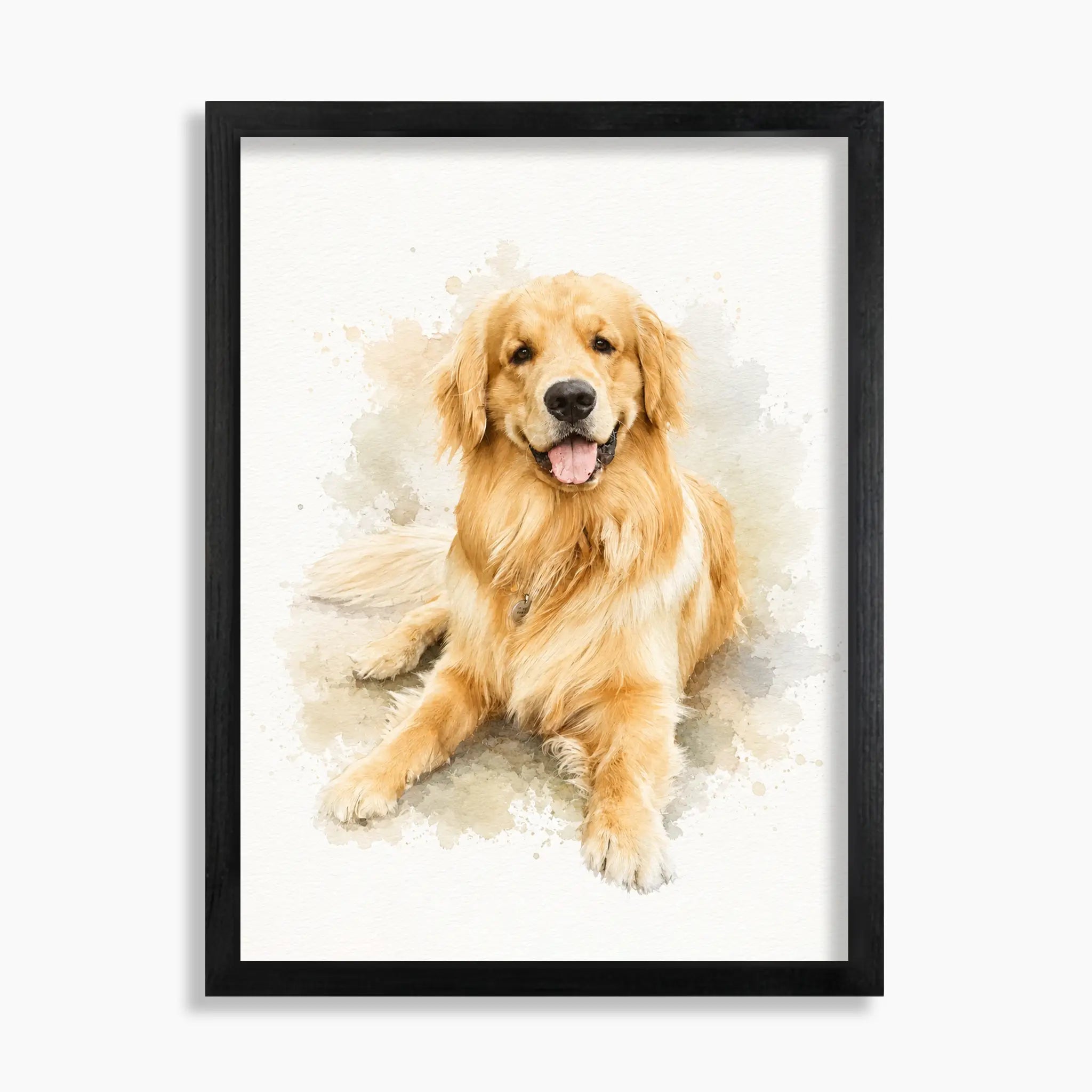Custom watercolor dog portrait on wood: golden retriever in soft watercolor, 16x20 in a black wood frame