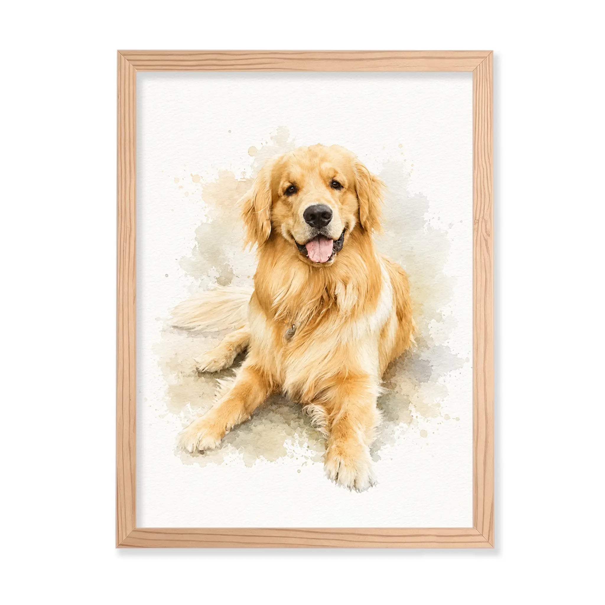 Custom watercolor dog portrait on wood: golden retriever in soft watercolor, 16x20 in a natural wood frame