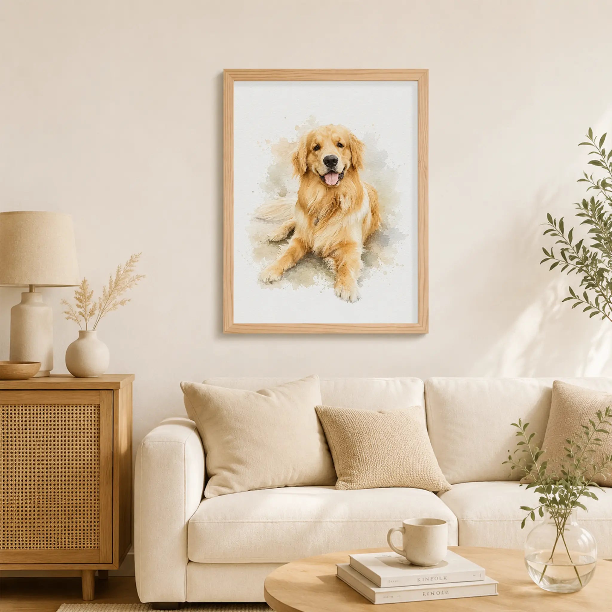 Custom watercolor dog portrait on wood hung as framed living room wall art above a sofa